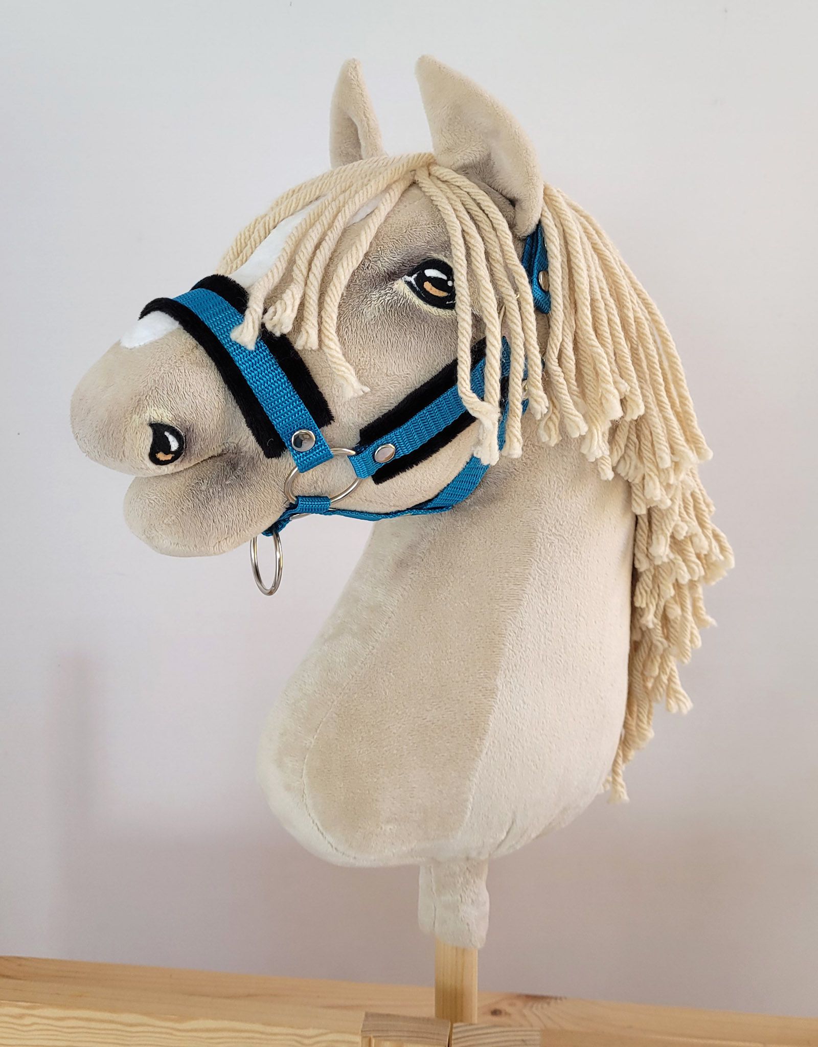 Halster met bont voor een A3 stokpaard, turquoise & zwart