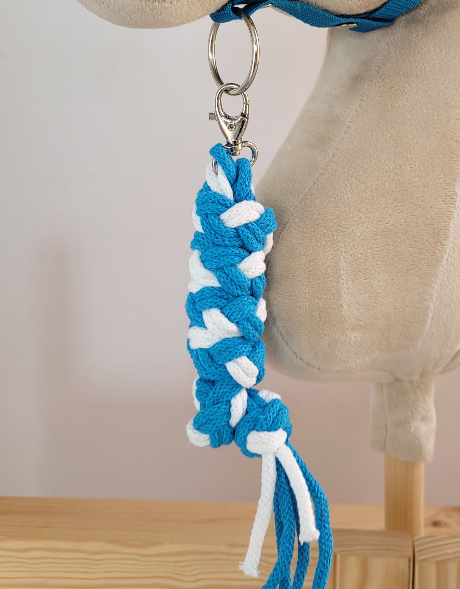 Gevlochten halsterleibanden voor stokpaard turquoise & wit